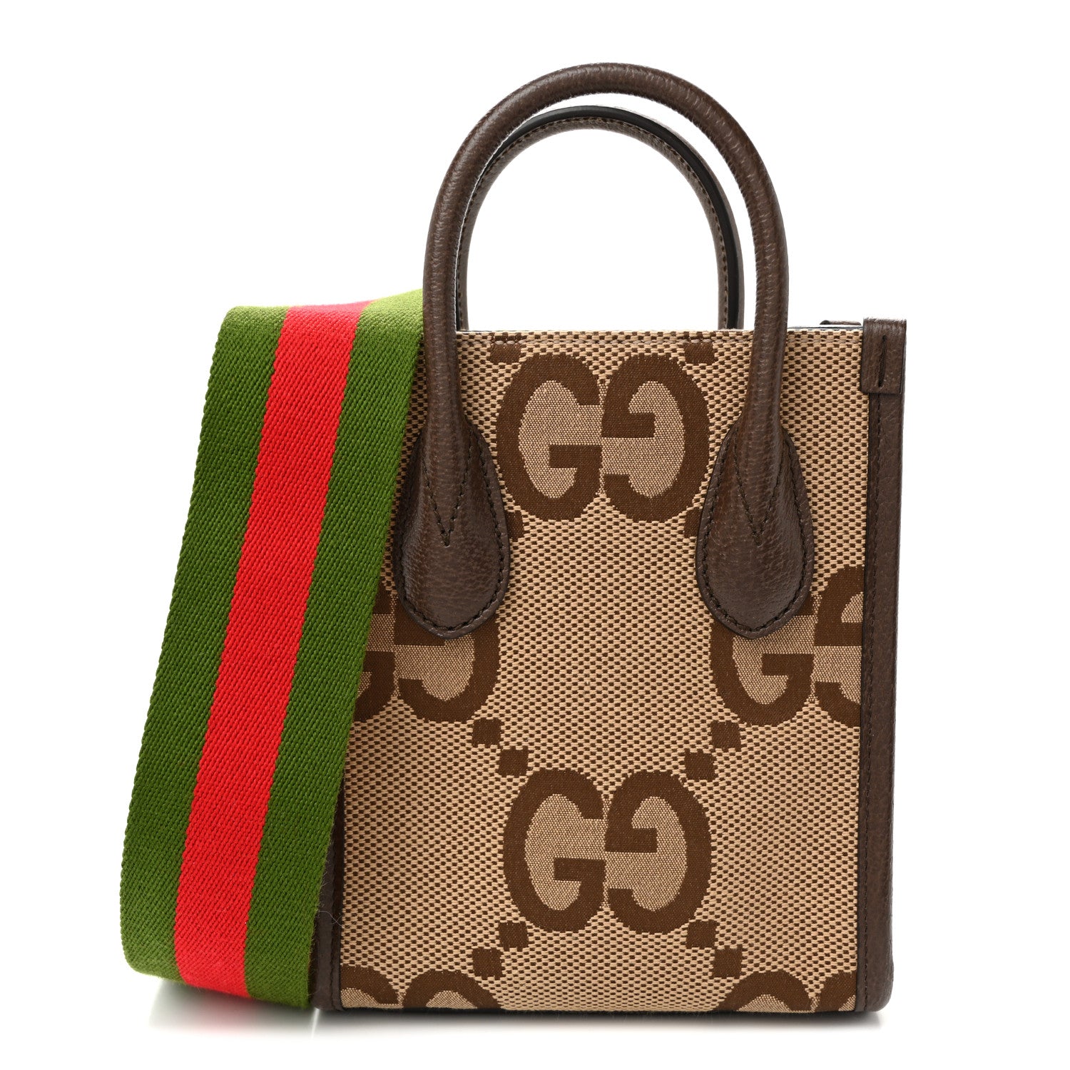 Gucci Monogram Jumbo GG Textured Dollar Calfskin Web Mini Vertical Tote Camel Ebony New Acero 1 of 9