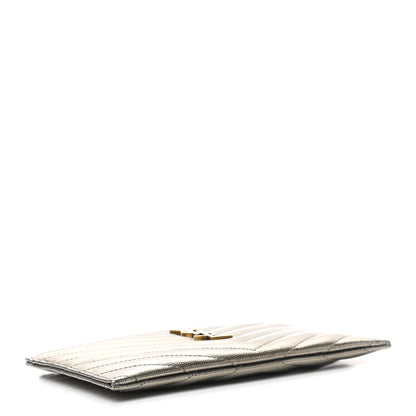 Saint Laurent Metallic Grain De Poudre Matelasse Chevron Monogram Bill Pouch Piombo 4 of 7