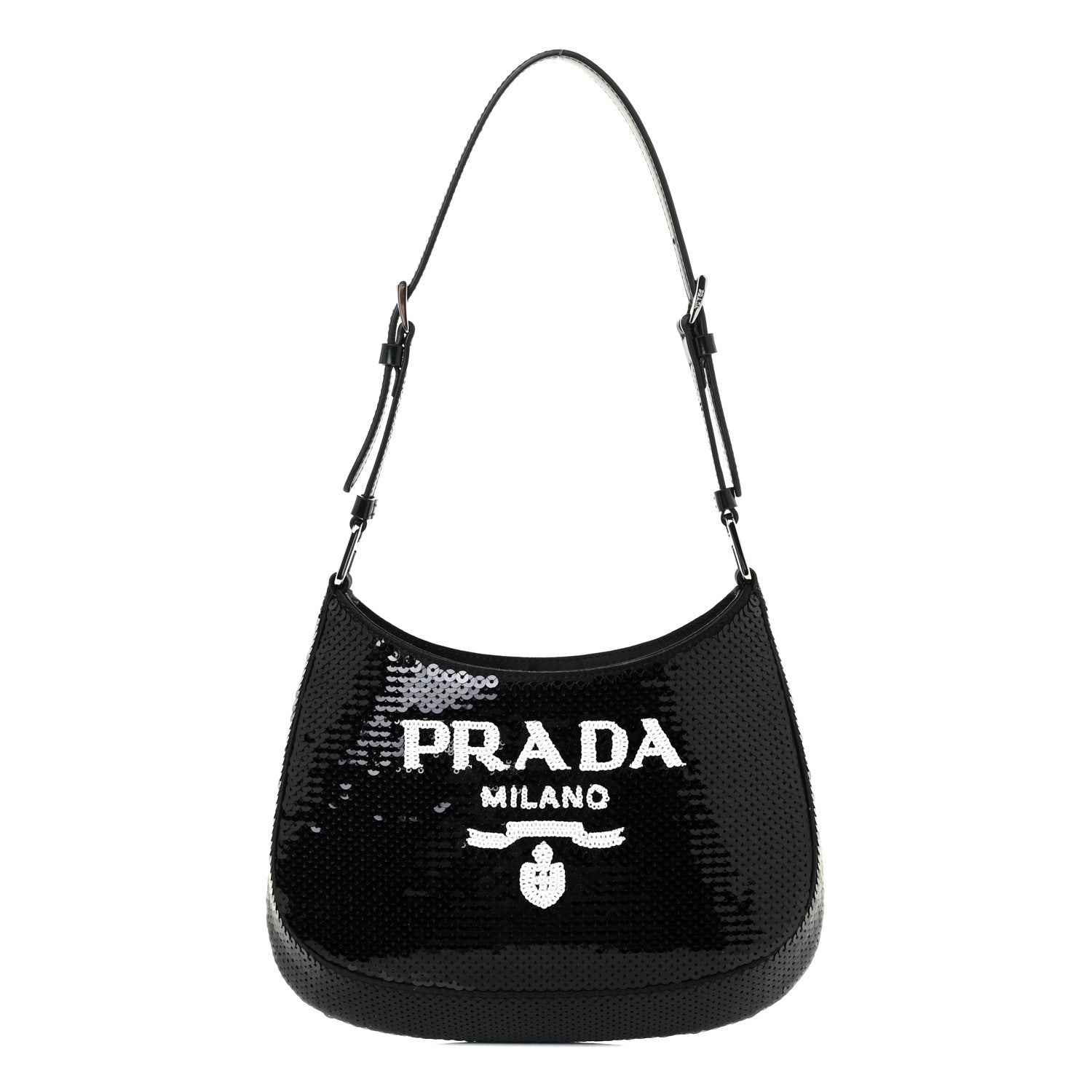 Prada Paillettes Sequin Logo Cleo Adjustable Strap Shoulder Bag Black White 1 of 10