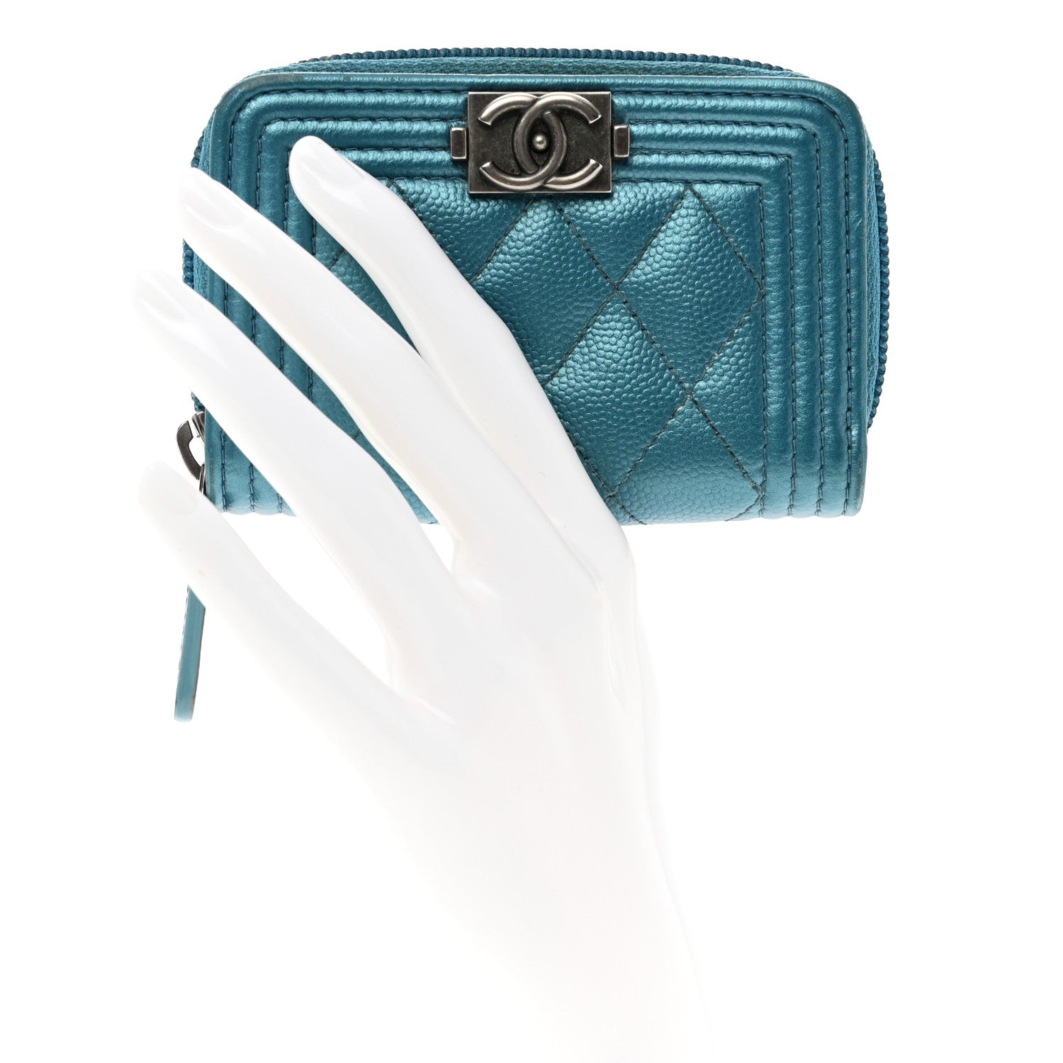 Chanel Metallic Caviar Quilted Boy Zip Around Coin Purse Wallet Turquoise 2 of 9