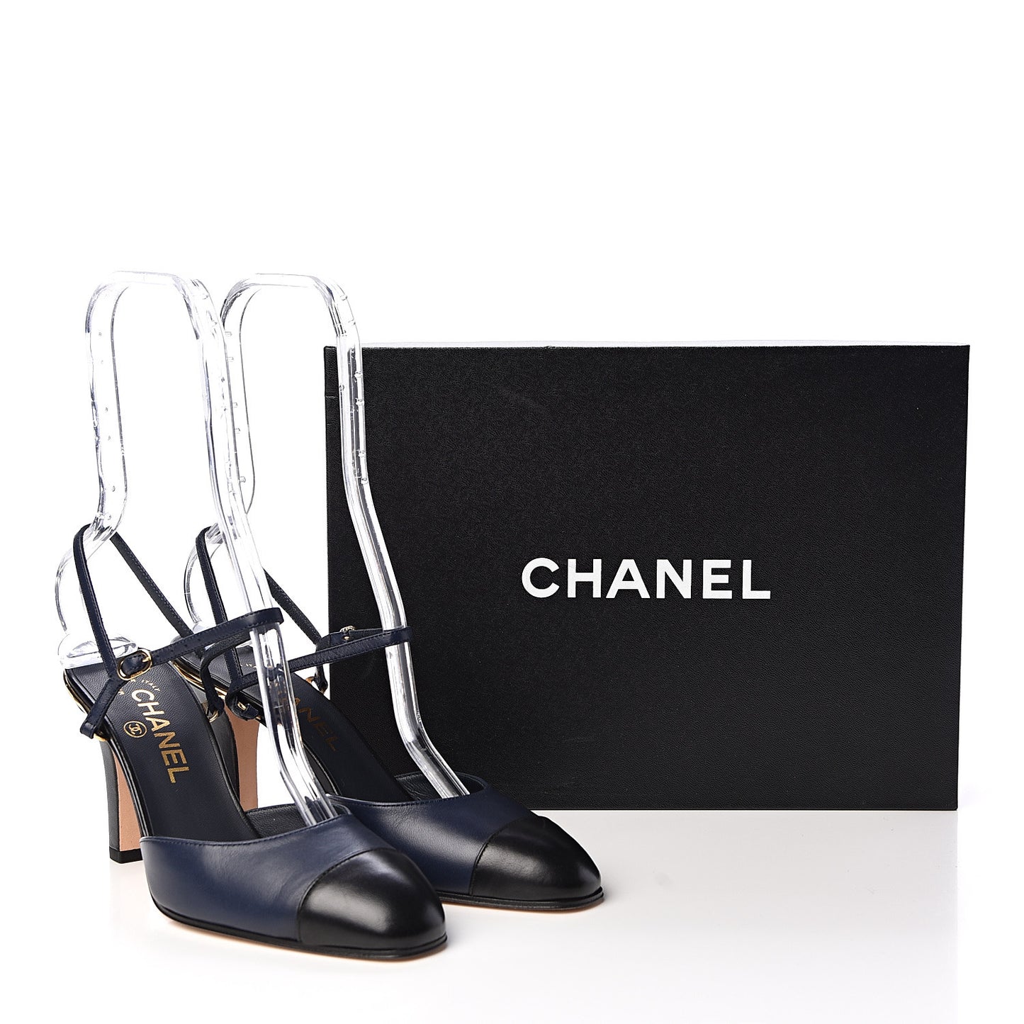 Lambskin Cap Toe CC Ankle Strap Pumps 37 Navy Black