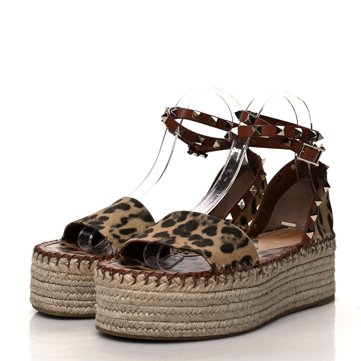 Canvas Leopard Print Rockstud Ankle Wrap Espadrille Flatform Sandals 38 Brown