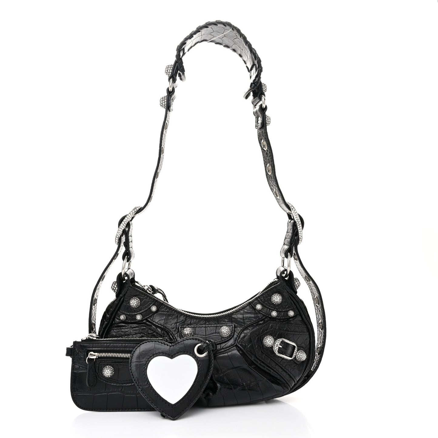 Extra Supple Calfskin Crystal Crocodile Embossed Le Cagole Shoulder Bag XS Black