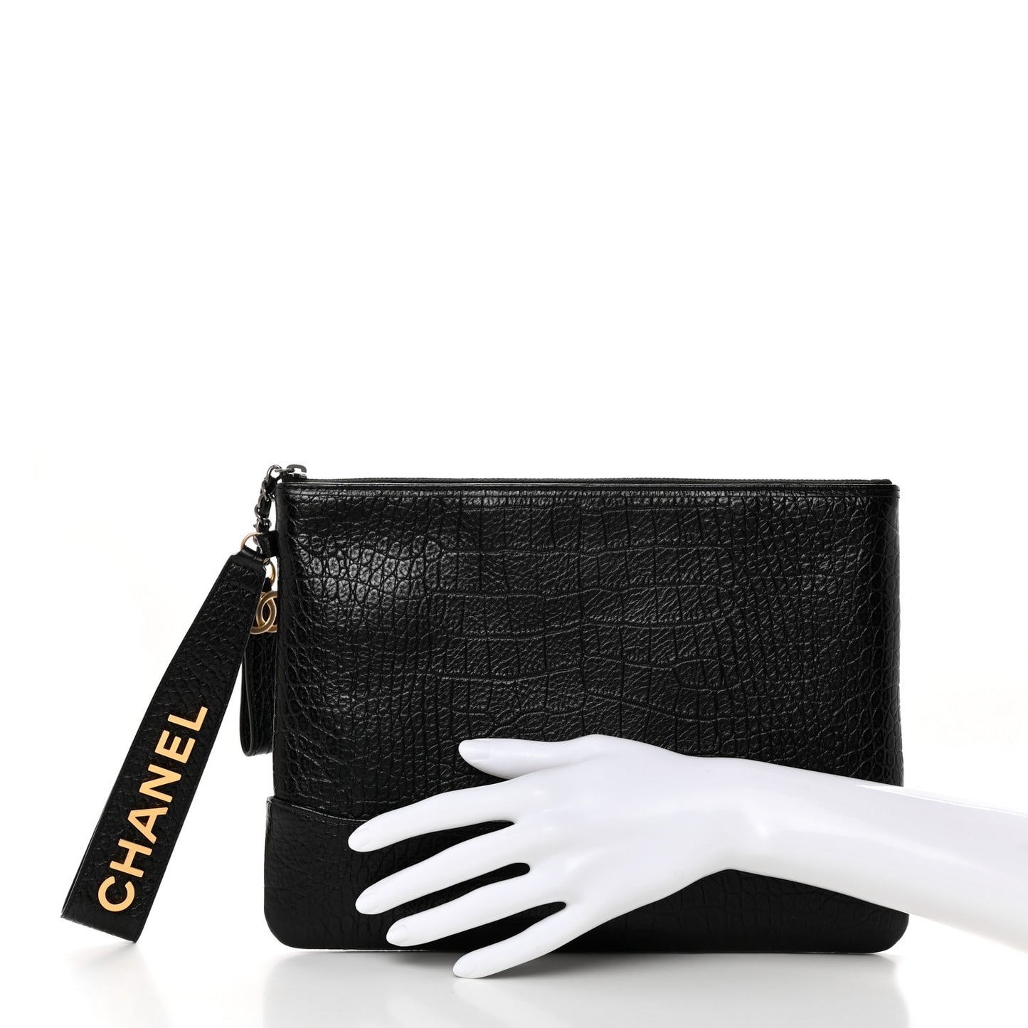 Calfskin Crocodile Embossed Quilted Medium Gabrielle Cosmetic Case Black