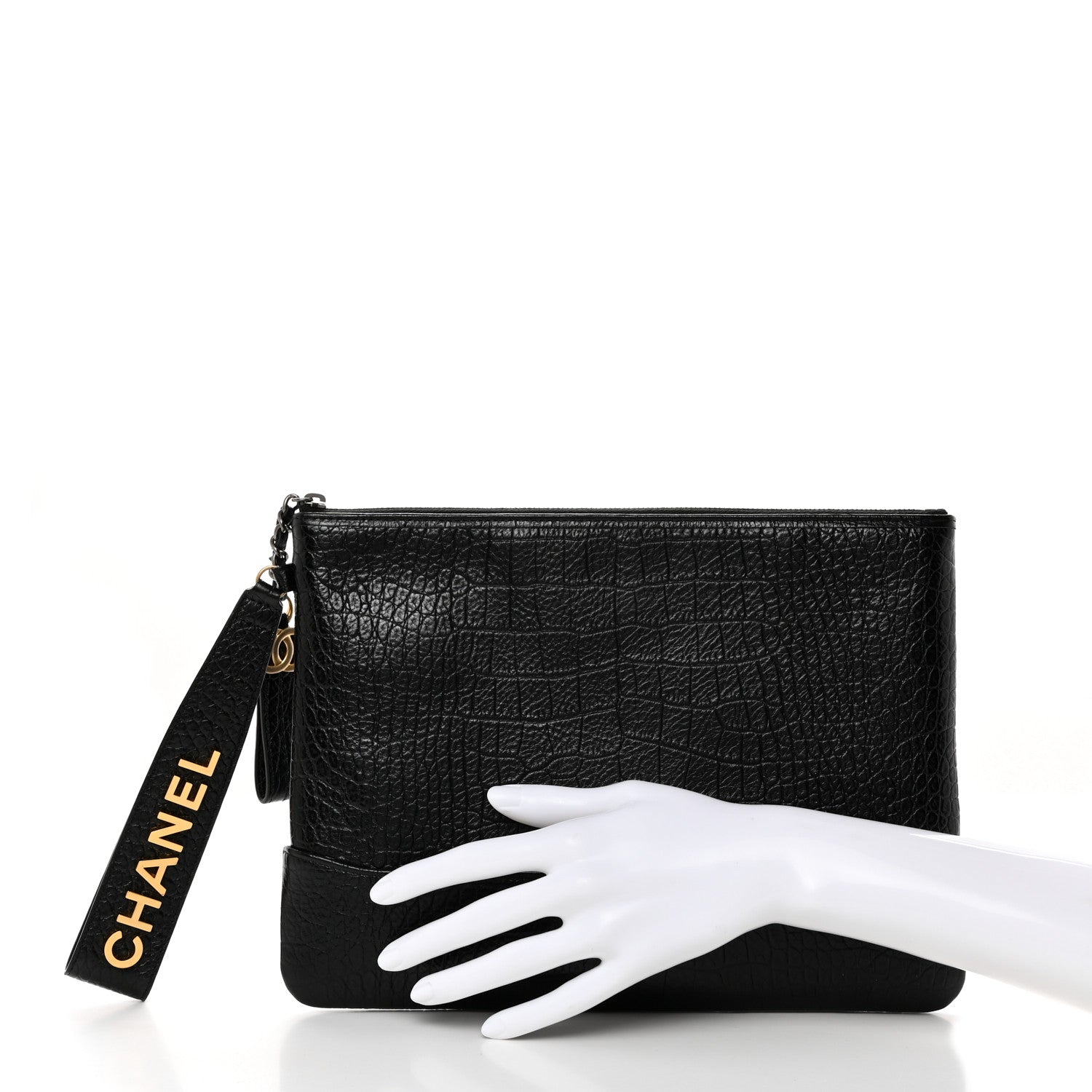 Chanel Calfskin Crocodile Embossed Quilted Medium Gabrielle Cosmetic Case Black 2 of 8