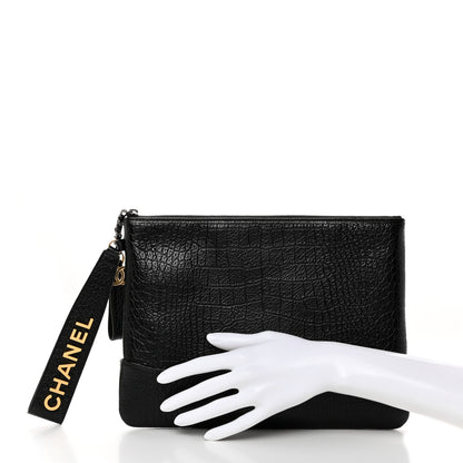 Chanel Calfskin Crocodile Embossed Quilted Medium Gabrielle Cosmetic Case Black 2 of 8
