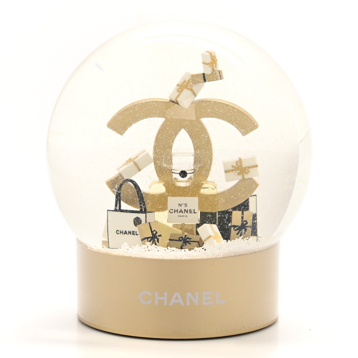 Glass CC Shopping Bag Snow Globe Gold