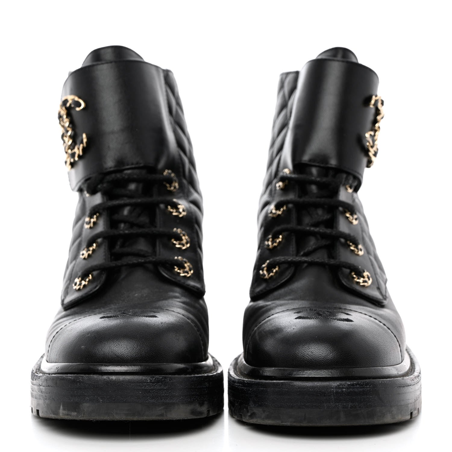 Chanel Shiny Calfskin Quilted Lace Up Combat Boots 40 Black 2 of 9