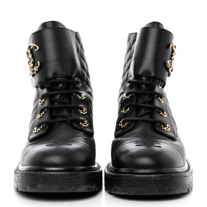 Chanel Shiny Calfskin Quilted Lace Up Combat Boots 40 Black 2 of 9