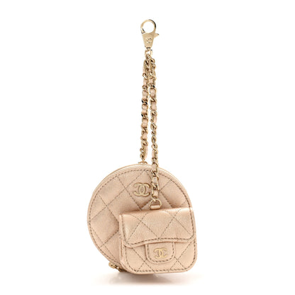 Chanel Metallic Lambskin Quilted Round Clip On Coin Purse Airpods Case Gold 1 of 10