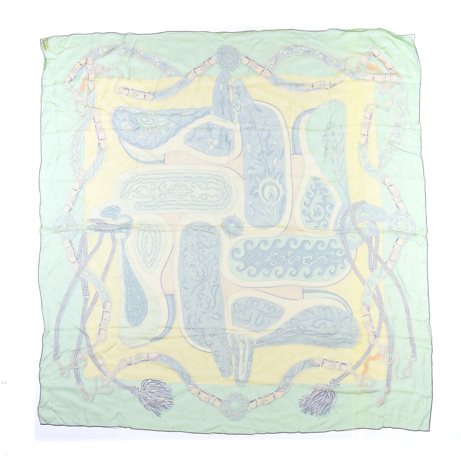 Hermes Silk Mousseline Festival Des Amazones Shawl 140 Vert Jaune Vert De Gris 1 of 4