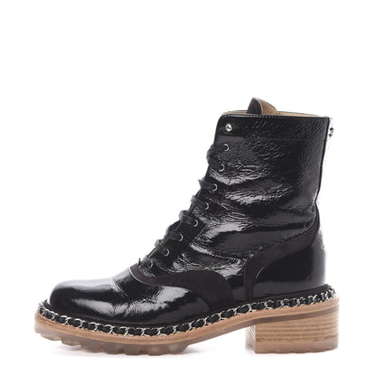 Chanel Patent Lace Up Chain Boots 37 Black 1 of 8