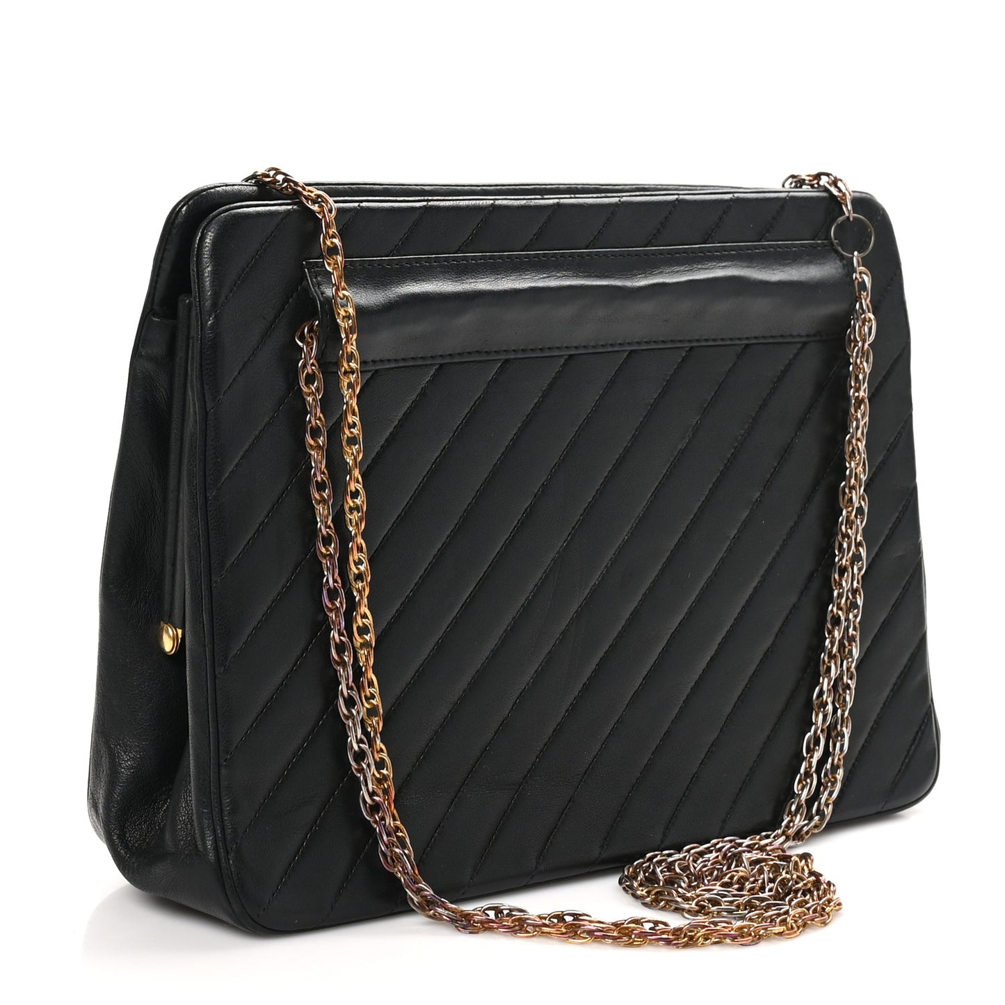Lambskin Diagonal Quilted Kisslock Bag Black