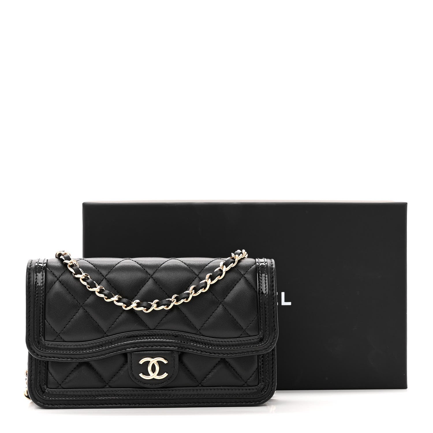 Chanel Lambskin Patent Calfskin Quilted Flap Phone Holder With Chain Black 12 of 12