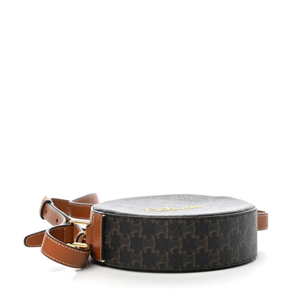 Celine Triomphe Canvas Embroidered Logo Round Purse On Strap Black Tan 4 of 9