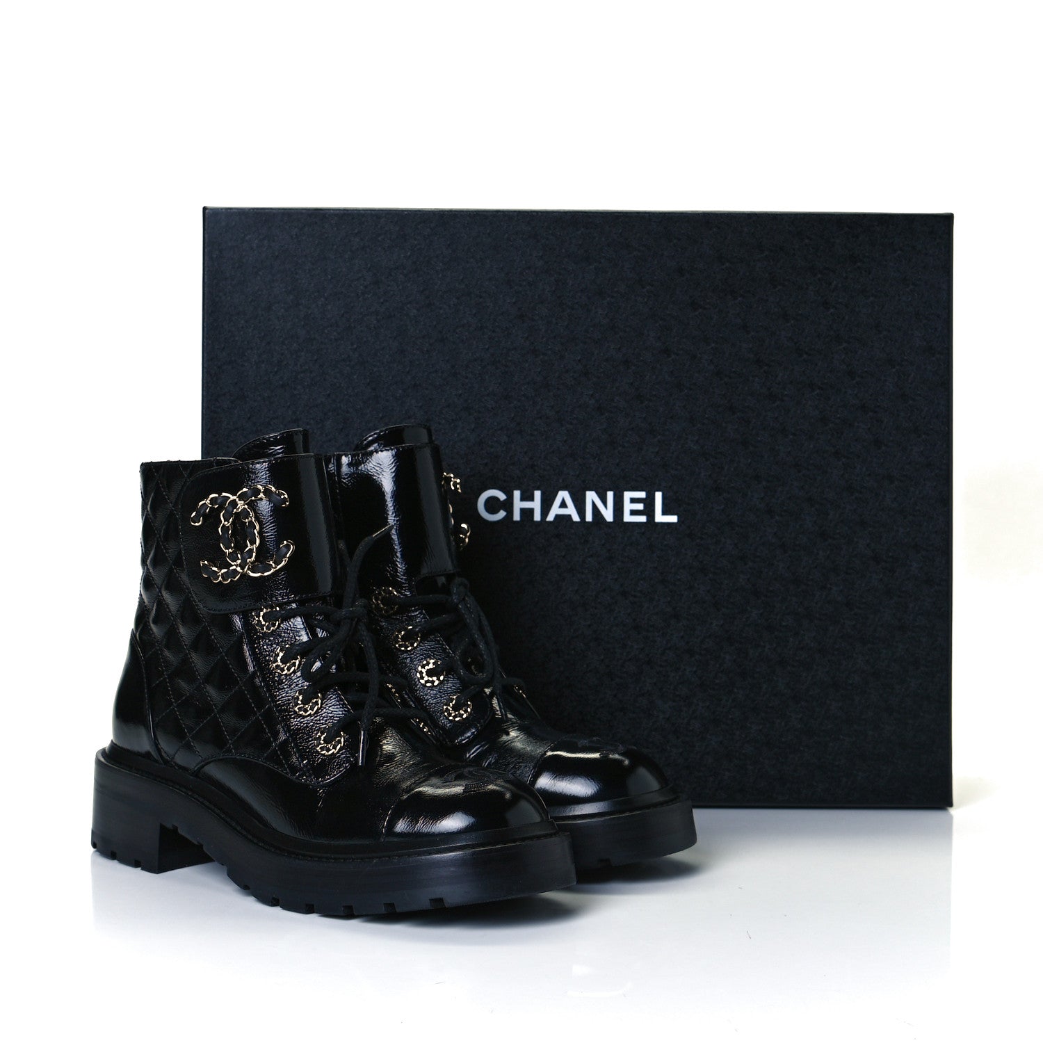 Chanel Shiny Calfskin Quilted Lace Up Combat Boots 36 Black 7 of 7