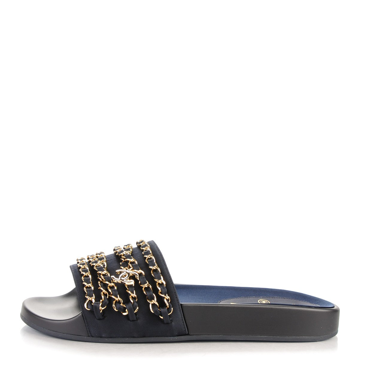 Chanel Lambskin Canvas Chain Flat Sandals 39 Marine 1 of 8
