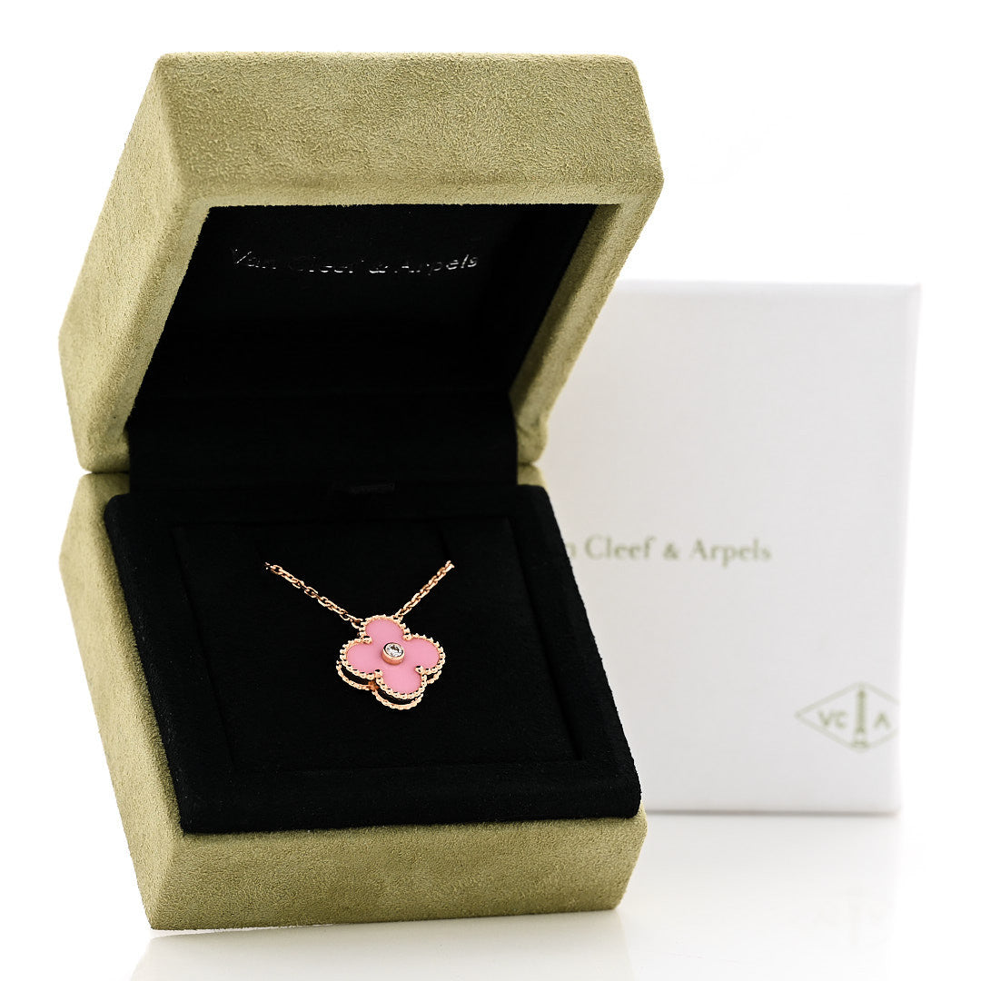 Van Cleef & Arpels 18K Rose Gold Diamond Pink Porcelain Vintage Alhambra Pendant Necklace 6 of 6