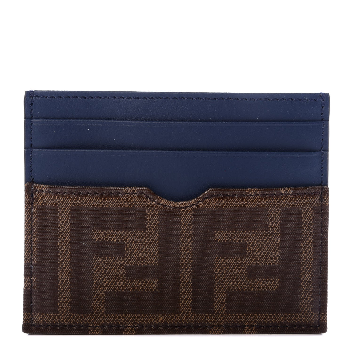Fendi Vitello Century Glazed Fabric FF 1974 Card Holder Blu Scuro Mogano Panna 1 of 7
