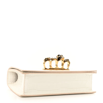 Alexander McQueen Shiny Calfskin Crocodile Embossed Knuckle Jeweled Crossbody White 4 of 10