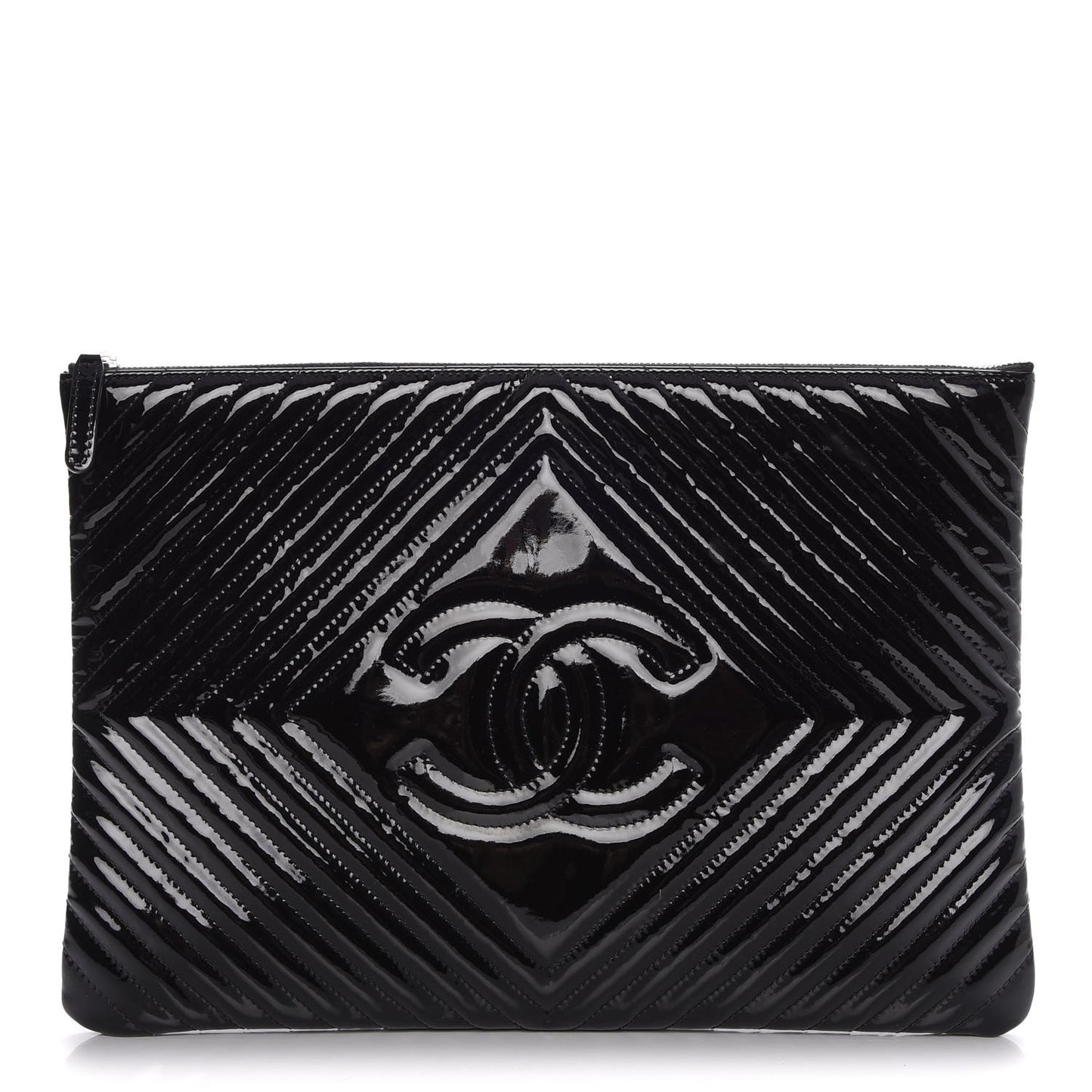 Patent Chevron Quilted CC Large Zip Clutch Black