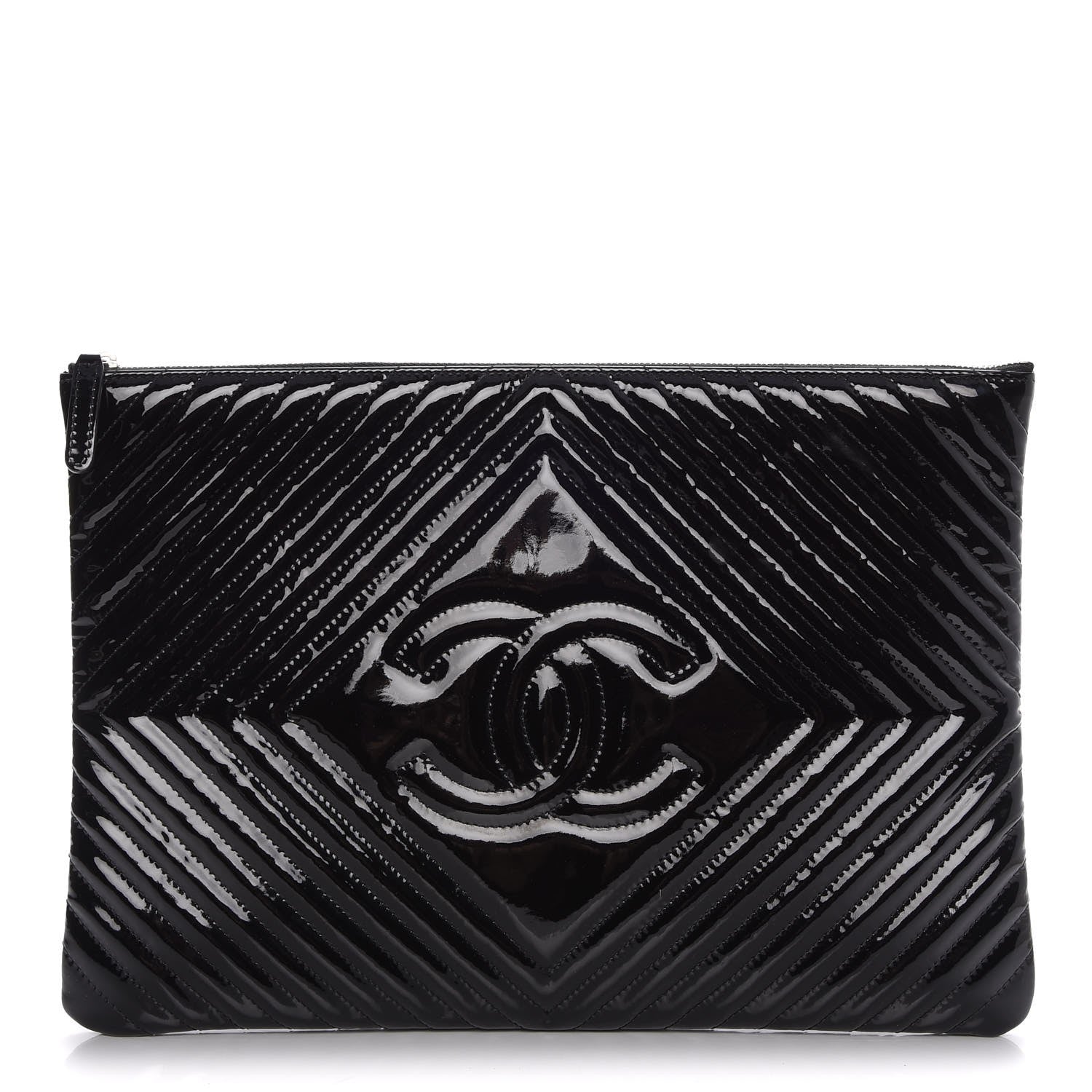 Chanel Patent Chevron Quilted CC Large Zip Clutch Black 1 of 7