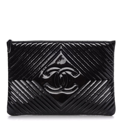 Chanel Patent Chevron Quilted CC Large Zip Clutch Black 1 of 7
