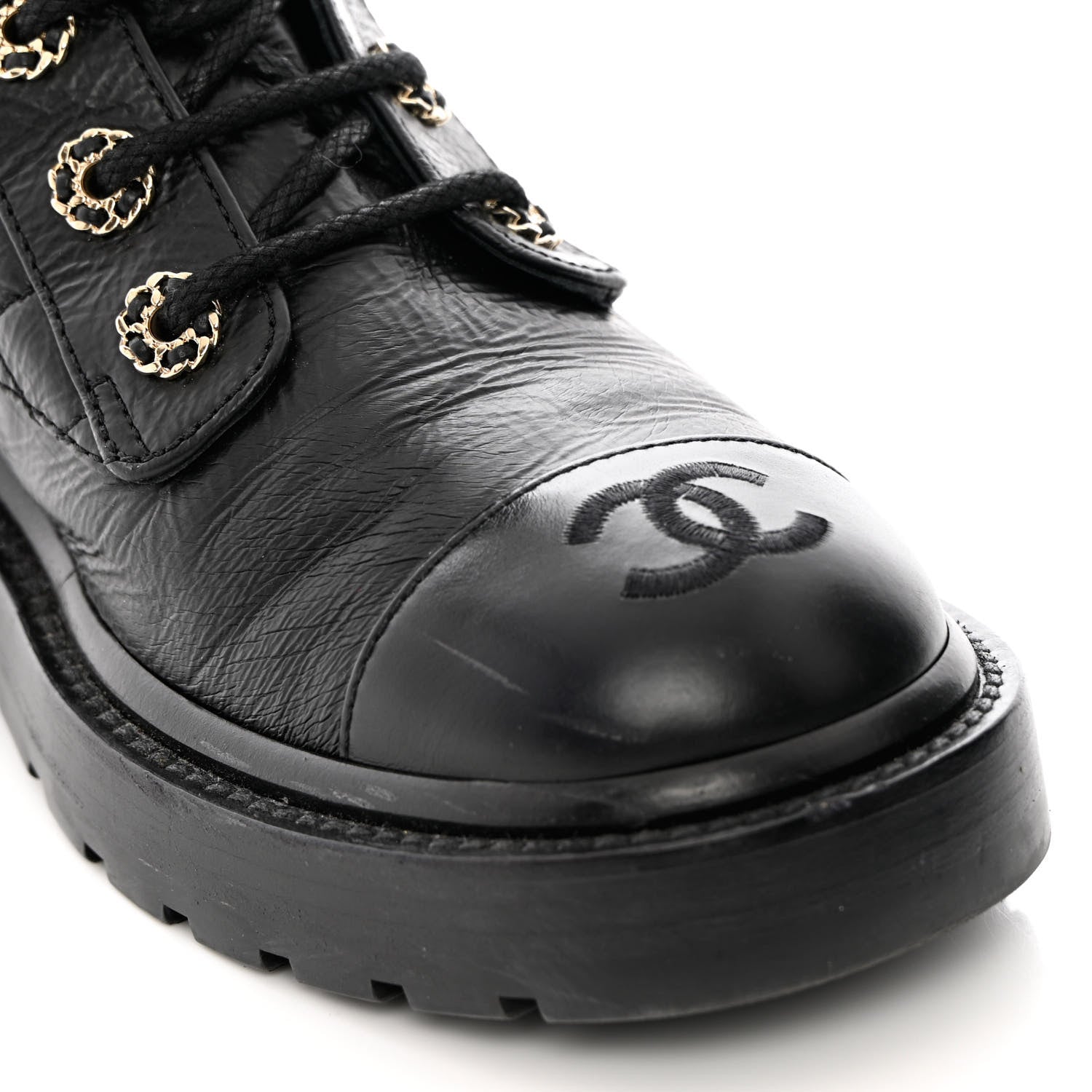 Chanel Shiny Calfskin Quilted Lace Up Combat Boots 37 Black 9 of 13