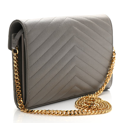 Saint Laurent Grain De Poudre Matelasse Chevron Monogram Chain Wallet Oyster Grey 3 of 9