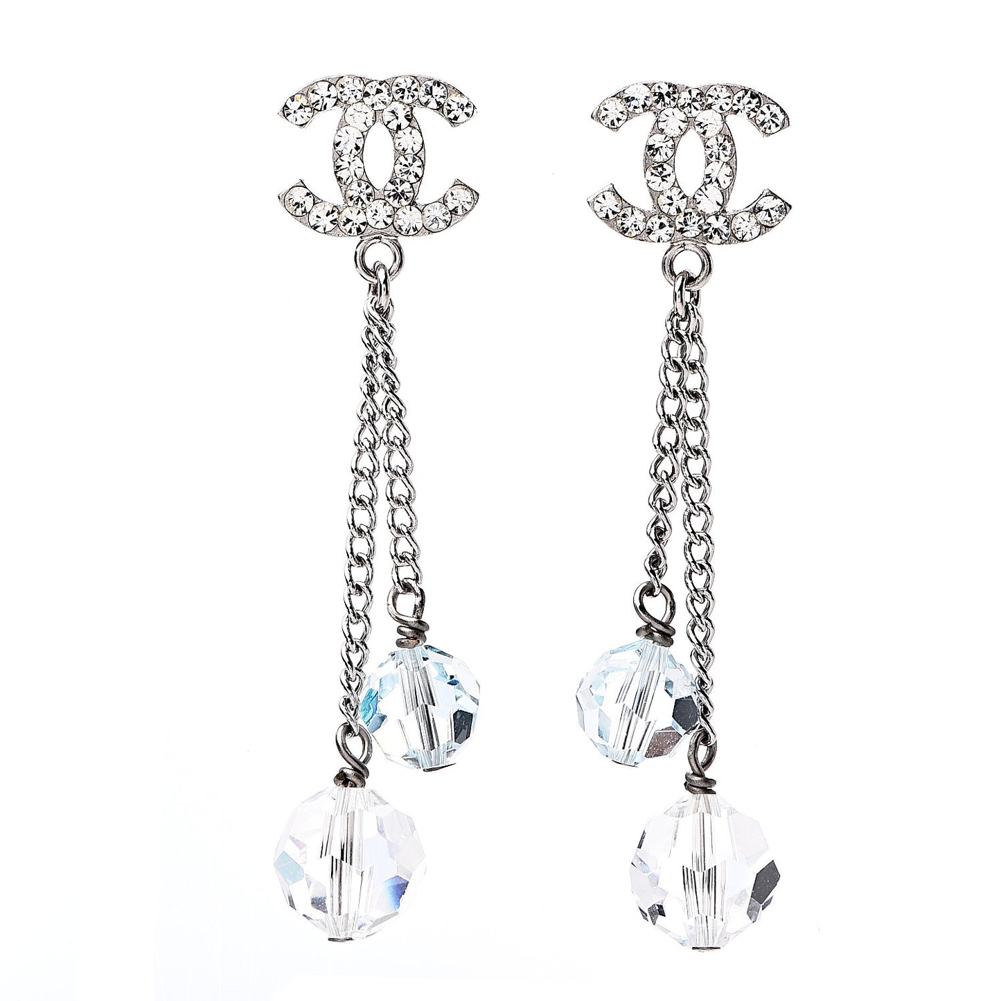 Crystal Bead CC Dangle Earrings Silver