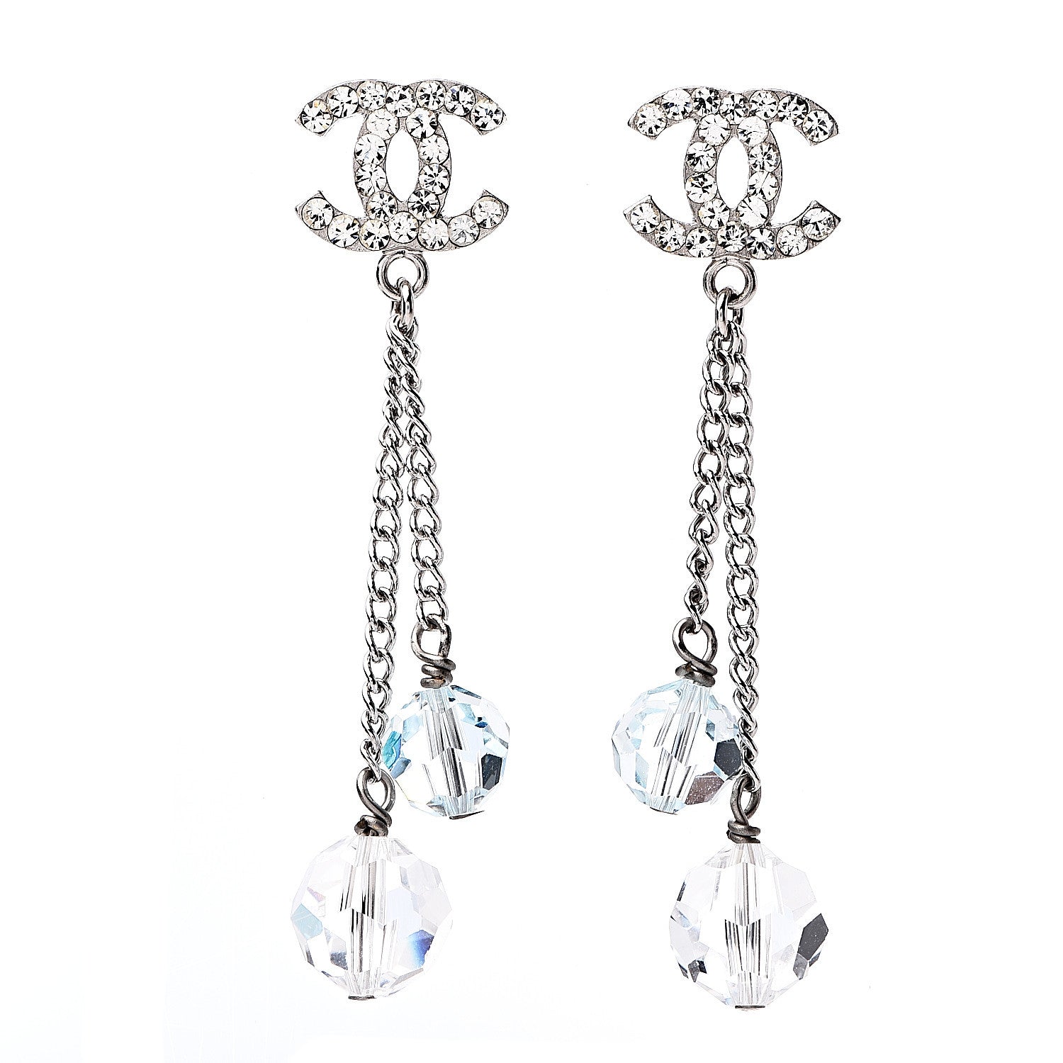 Chanel Crystal Bead CC Dangle Earrings Silver 1 of 4