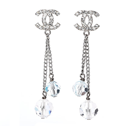 Chanel Crystal Bead CC Dangle Earrings Silver 1 of 4
