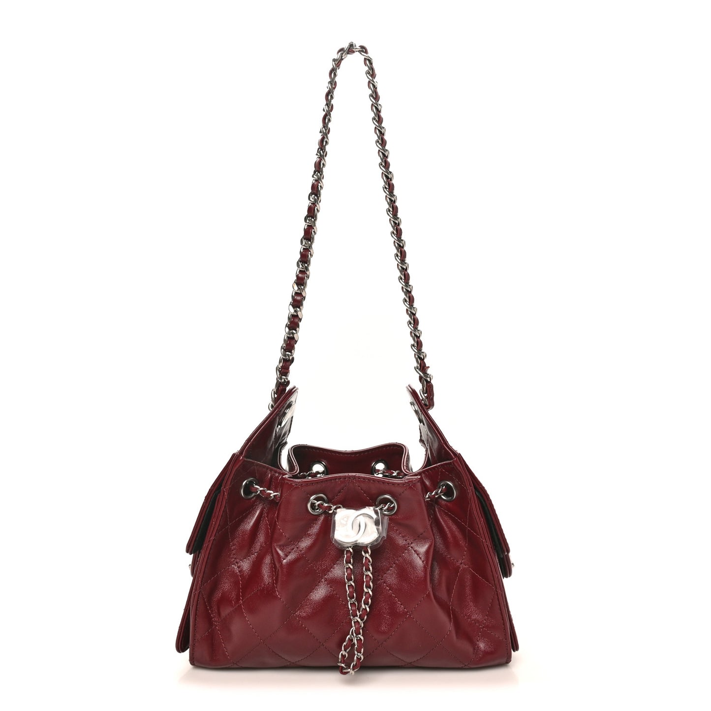 Shiny Crumpled Calfskin Quilted Mini Chanel 25 Handbag Dark Burgundy