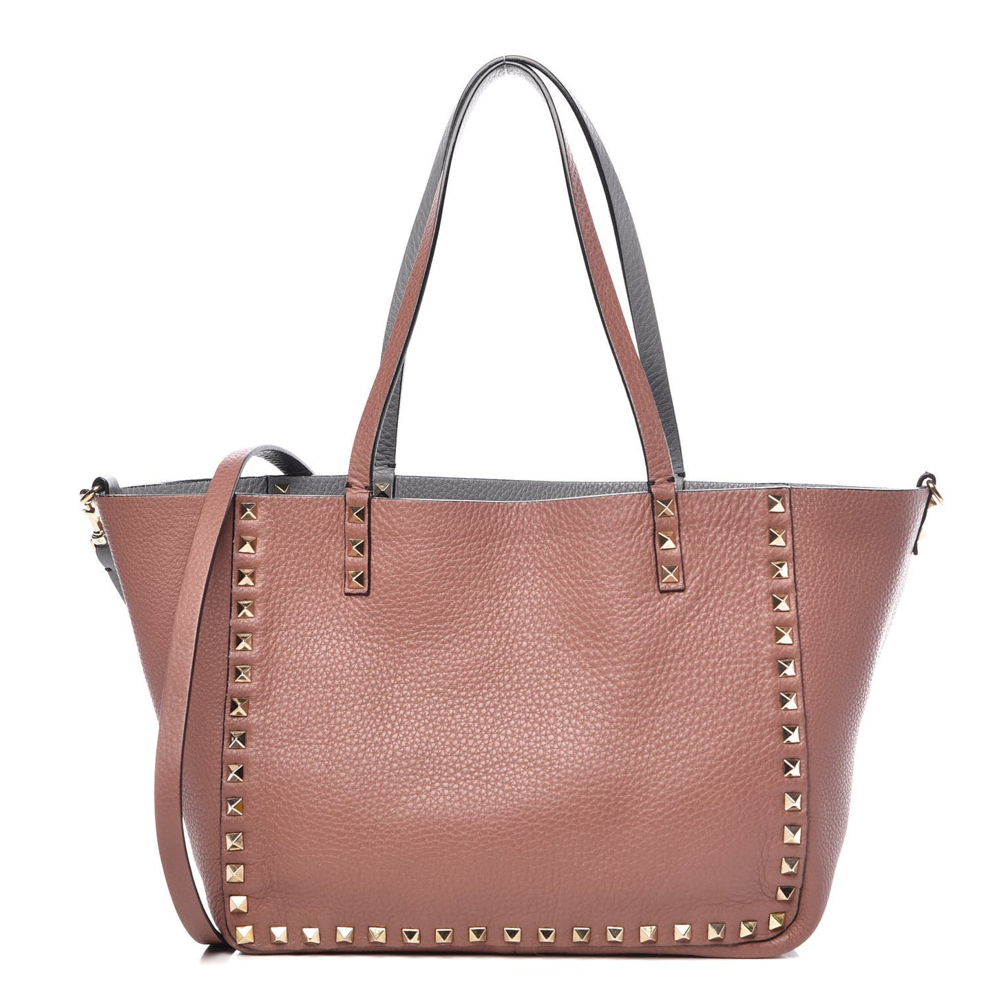 Grained Calfskin Small Rockstud Reversible Tote Grey Dark Rose