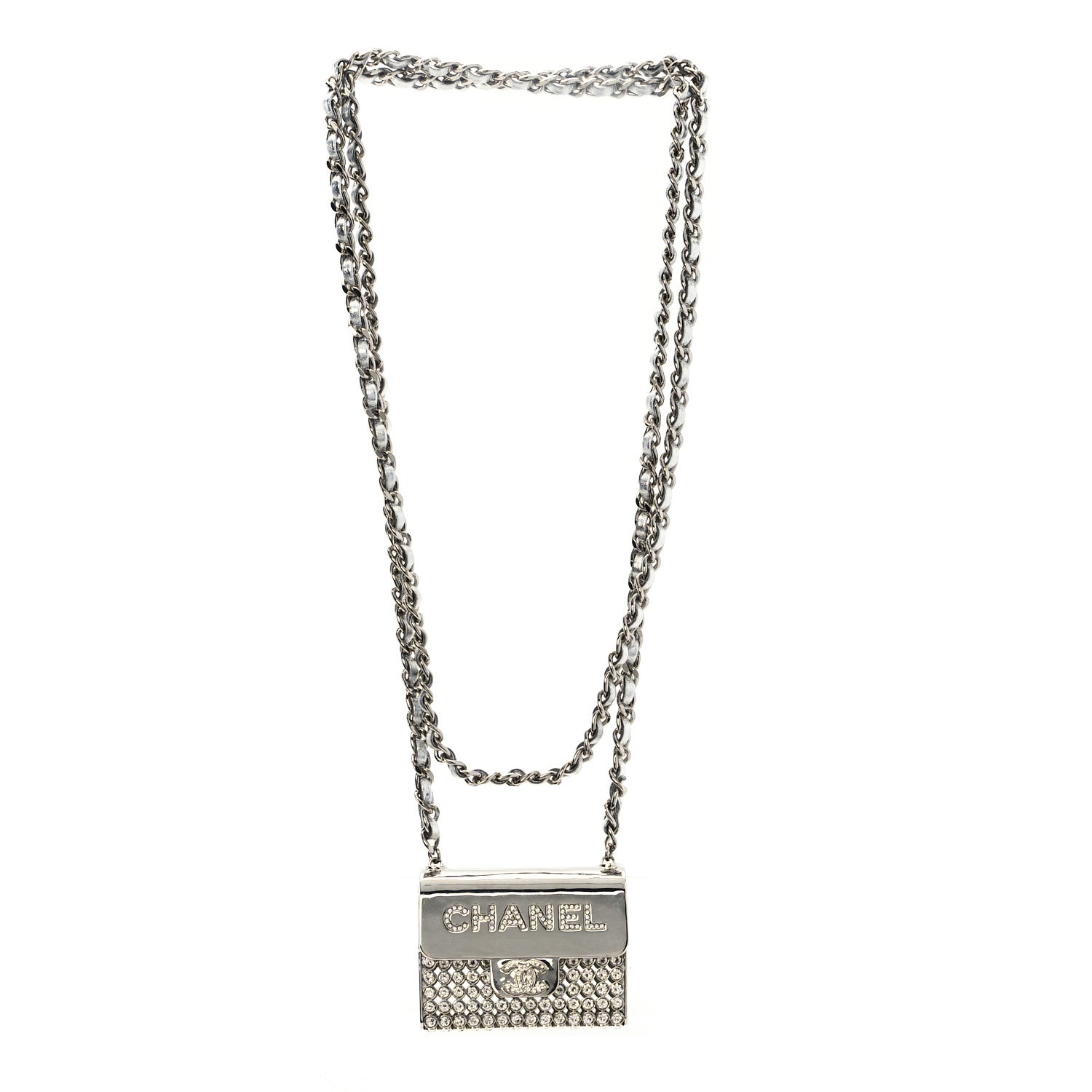 Chanel Metal Lambskin Strass Crystal Purse CC Long Necklace Silver 3 of 5