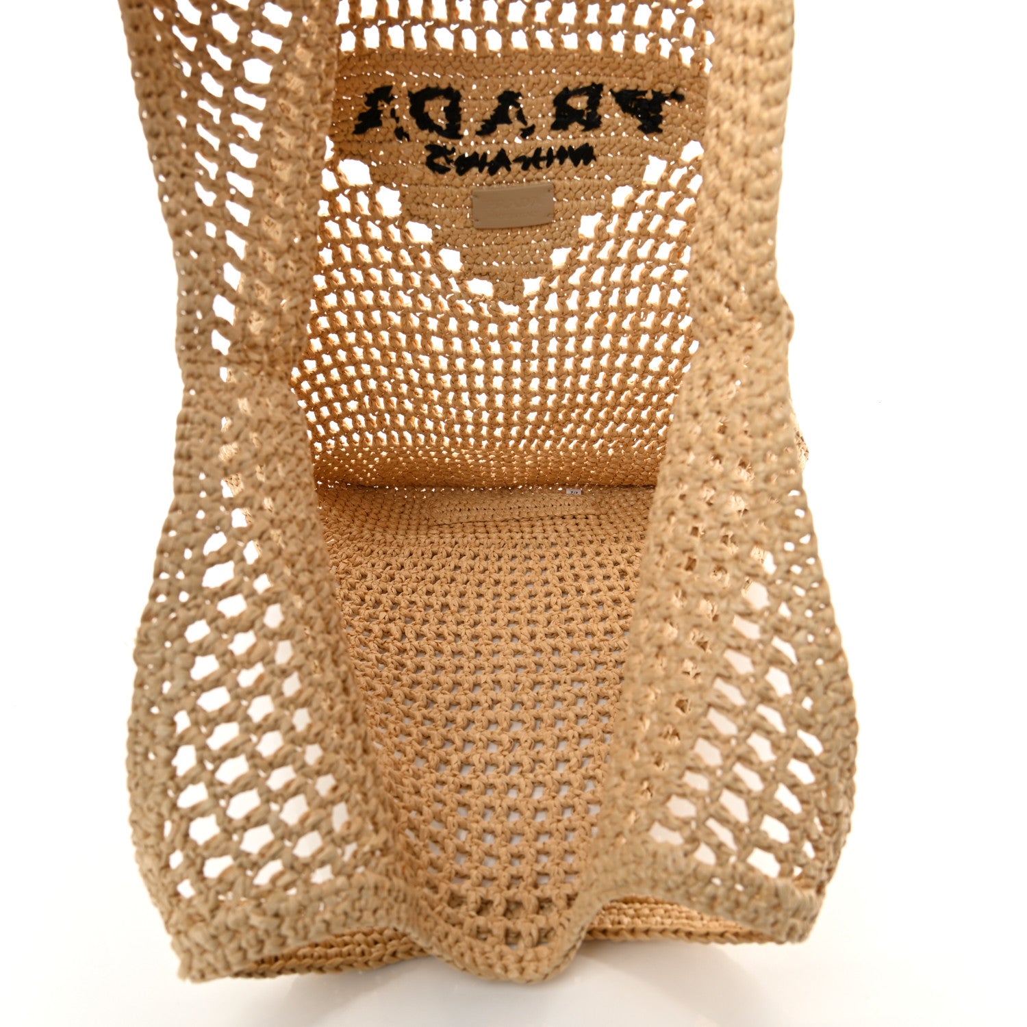 Prada Yarn Raffia Effect Crochet Logo Embroidered Shopping Tote Bag Naturale 5 of 10