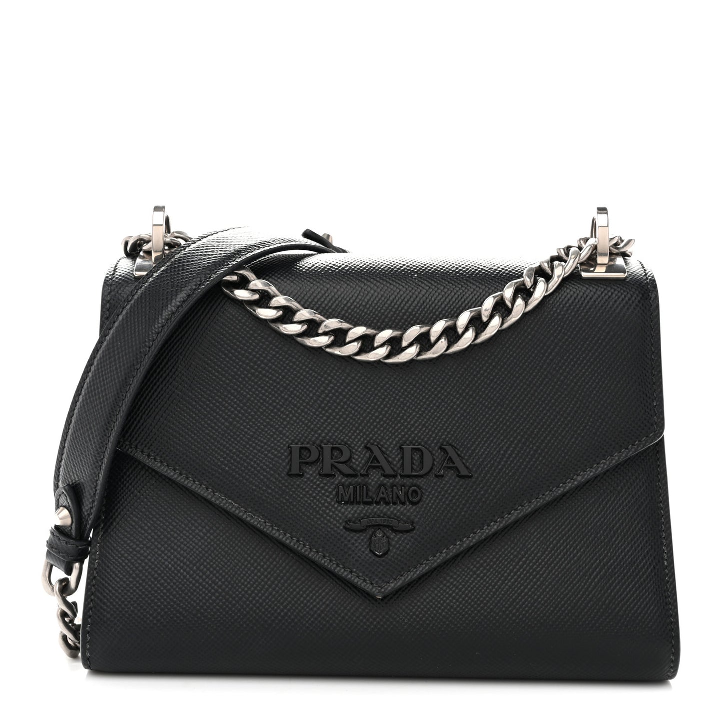 Saffiano Cuir Calfskin Monochrome Envelope Flap Chain Shoulder Bag Black