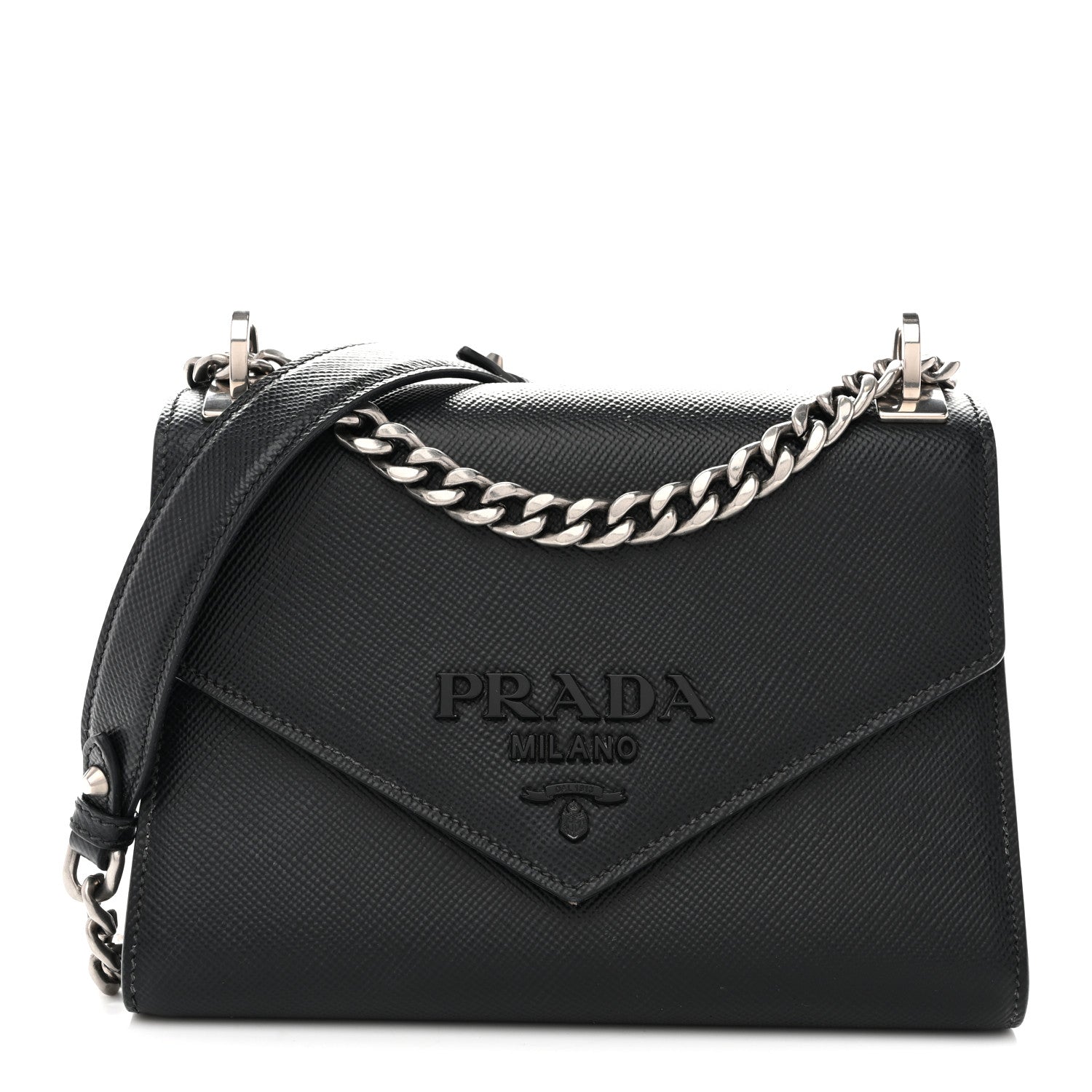 Prada Saffiano Cuir Calfskin Monochrome Envelope Flap Chain Shoulder Bag Black 1 of 12