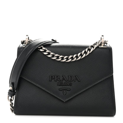 Prada Saffiano Cuir Calfskin Monochrome Envelope Flap Chain Shoulder Bag Black 1 of 12