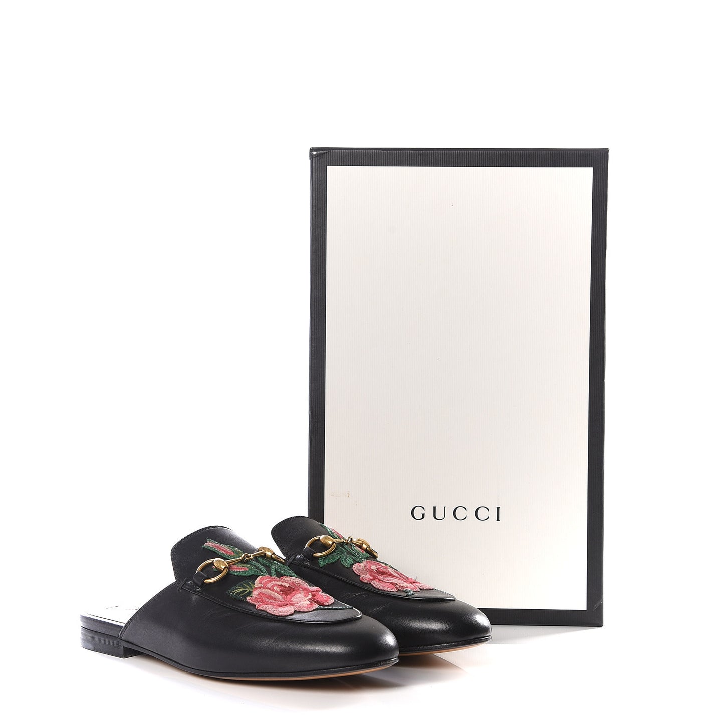 Calfskin Flower Embroidered Princetown Slippers 36.5 Black