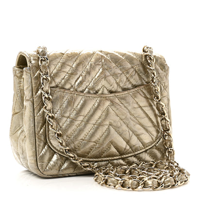 Chanel Patent Metallic Crumpled Calfskin Chevron Quilted Mini Square Flap Gold 3 of 11
