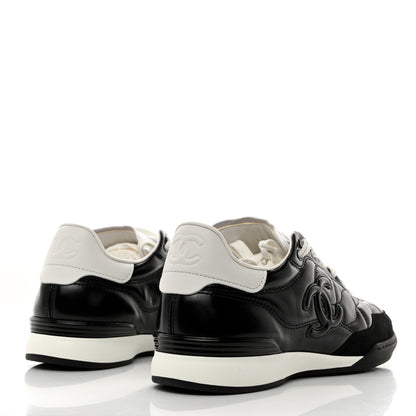 Chanel Calfskin Suede Quilted Womens Logo Sneakers 38 Black White 4 of 10