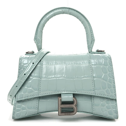 Balenciaga Shiny Calfskin Crocodile Embossed Hourglass Top Handle Bag XS Green Acqua 1 of 14