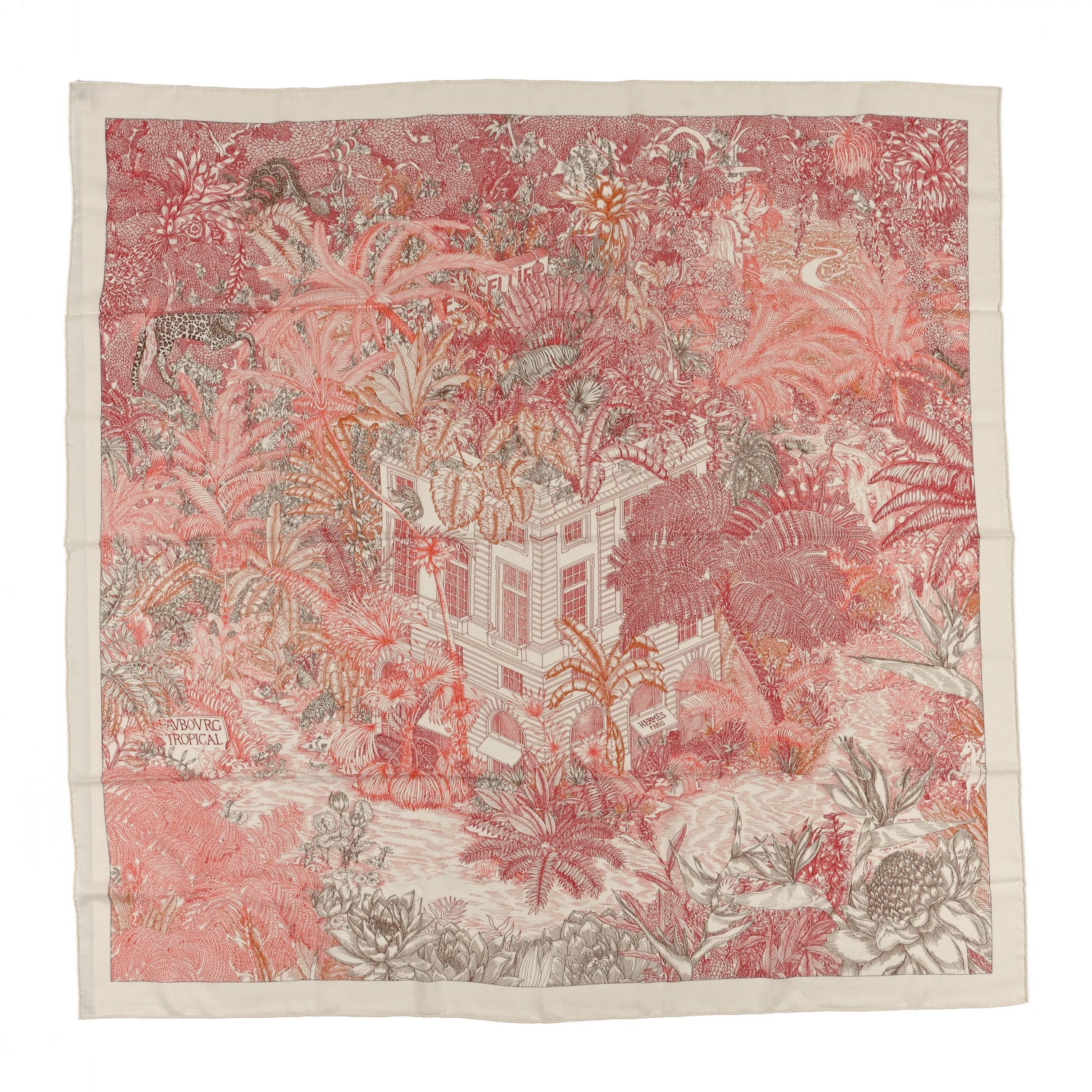 Hermes Cashmere Silk Faubourg Tropical Shawl 140 White Rouge Corail 1 of 3