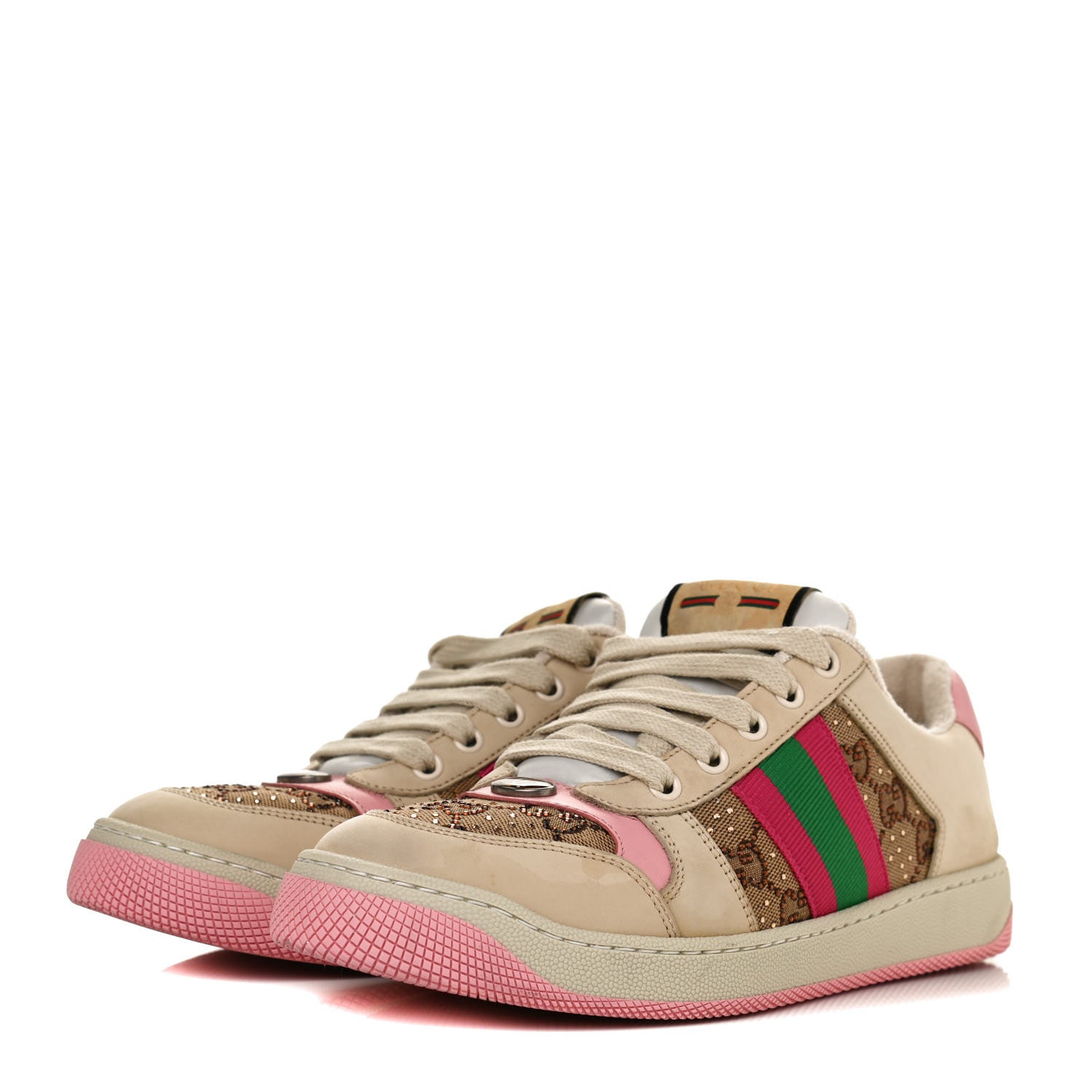 Gucci New GG Monogram Nubuck Web Crystal Embellished Womens Screener Sneakers 38 Camel Ebony Wild Rose 6 of 12