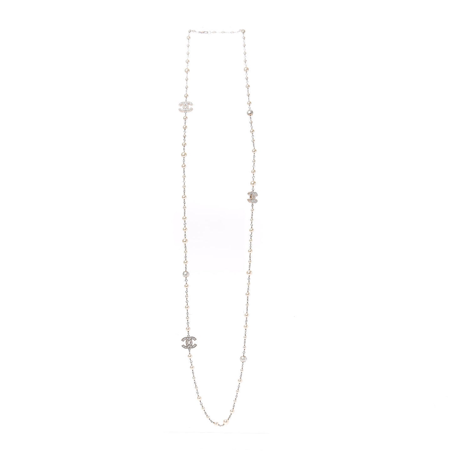 Metal Quilted Pearl CC Long Necklace Light Gold