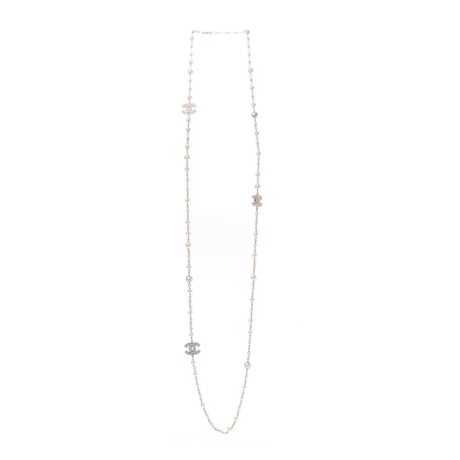 Chanel Metal Quilted Pearl CC Long Necklace Light Gold 3 of 8