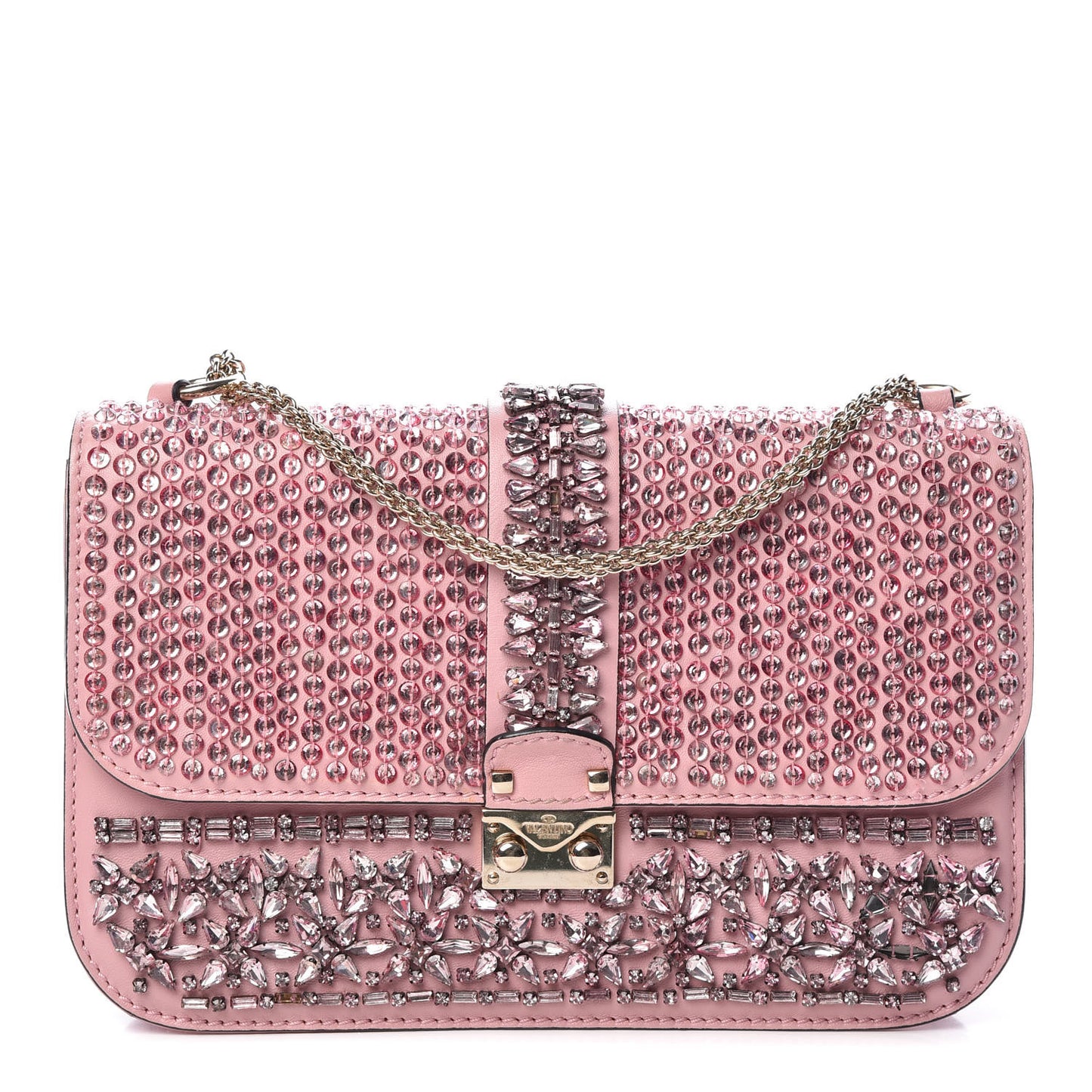 Vitello Crystal Embellished Medium Glam Lock Rockstud Flap Pop Gardenia