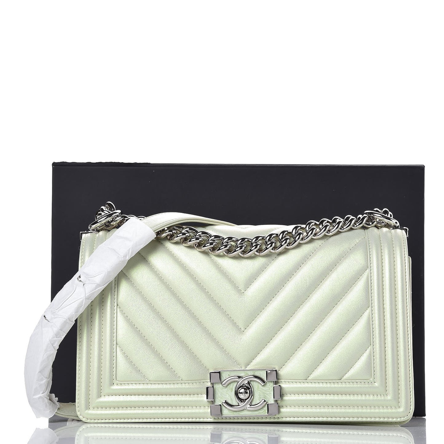Metallic Lambskin Chevron Quilted Medium Boy Flap Light Green