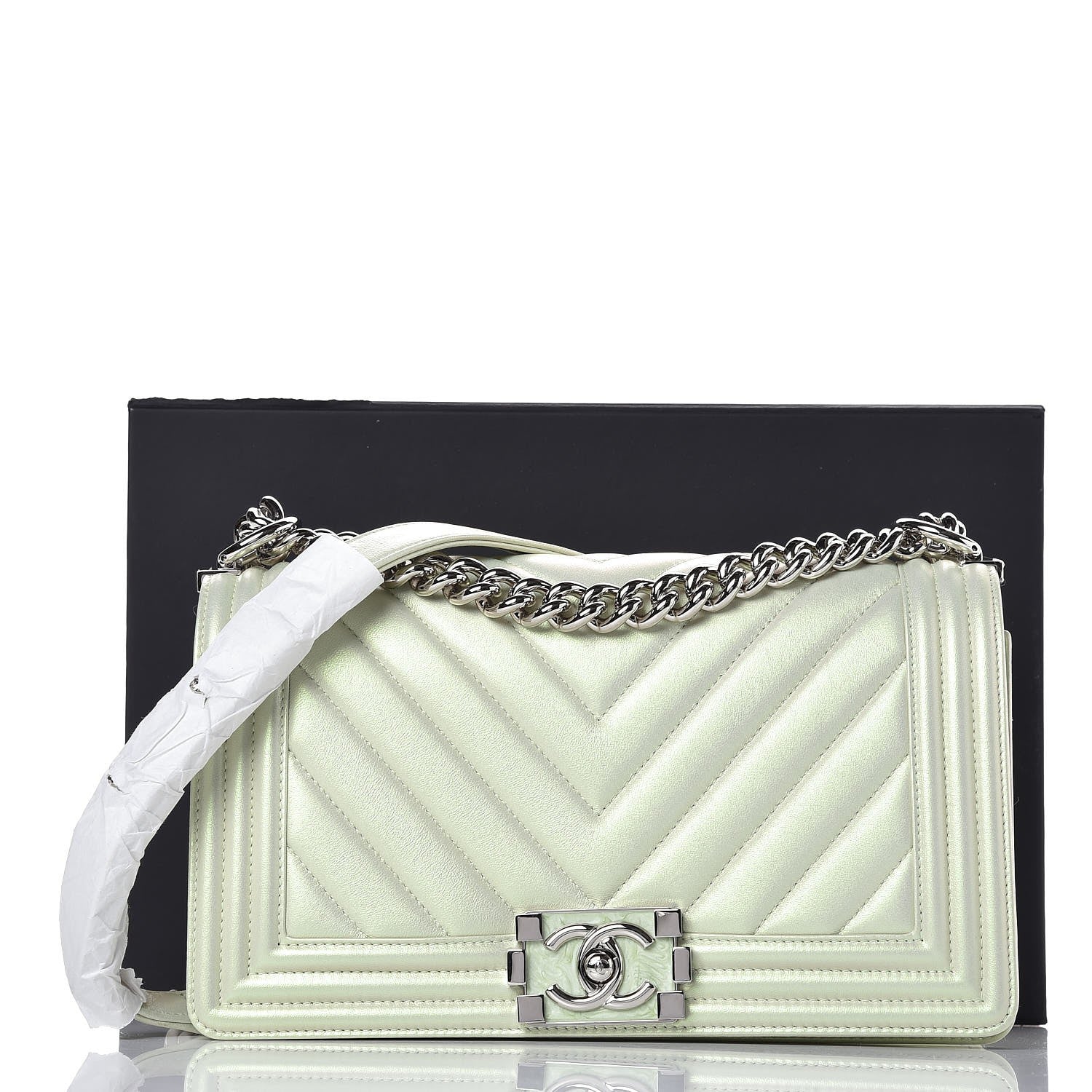 Chanel Metallic Lambskin Chevron Quilted Medium Boy Flap Light Green 11 of 11